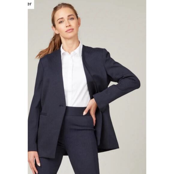 NWT SPANX The Perfect Collarless Oversized Blazer Navy/Grey Pinstripe 2X Preppy - Picture 1 of 10